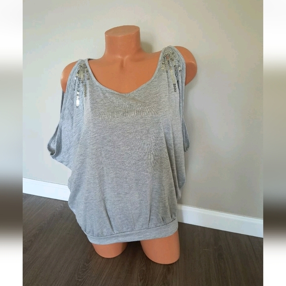 Lascana for Venus Cold Shoulder Sequin Keyhole Dolman SS Top Gray Size XS - Picture 2 of 8